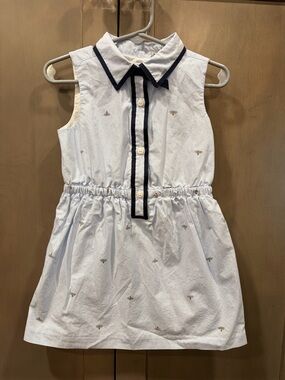 Janie and Jack White Sleeveless Bee Embroidered Dress with Navy Trim